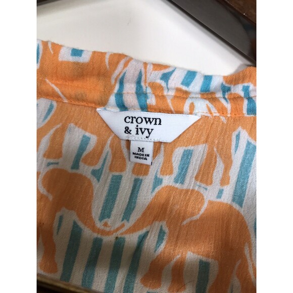 Crown & Ivy Colorful Orange Blue Elephant Print Ruffle 3/4 Sleeve Medium - Picture 5 of 7